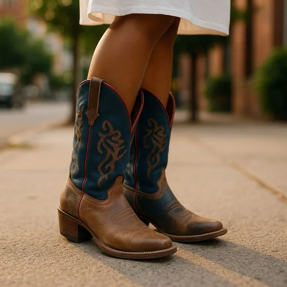 8.5 B J.B. Dillon Blue and Brown Cowboy Boots with Ornate Stitching - Picture 10 of 10